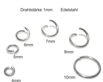 Edelstahl Ösen, Drahtdicke 1mm  Durchmesser : 4-5-6-7-8-10-mm offen,  stabile Ausführung,  Glieder offene Ösen Ketten Anhänger Ringe
