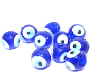 blaue  Lampwork, Glasperlen, 10x als ,"Evil Eye - böser Blick abwendend " bezeichnet, 9mm rund, Perlen, traditionell,Augapfel, Augen Schutz