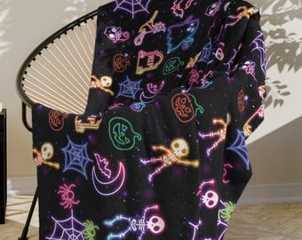 Halloween Throw Blanket with Neon Skeletons, Spiders, and Other Spooky Themed Designs