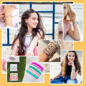 May include: A collage featuring various colourful bracelets, hoop earrings, and a necklace. The bracelets include letter beads and diverse colour schemes. The earrings are turquoise, and the necklace is silver. The theme is fashion accessories.