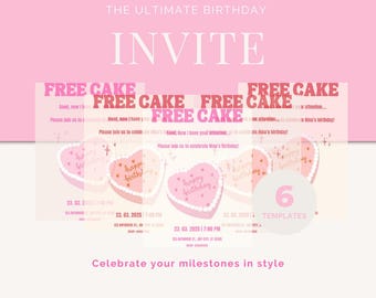 Grappige verjaardagsuitnodiging 'gratis cake' | Bewerkbare digitale feestuitnodiging | Moderne afdrukbare verjaardags-e-vite