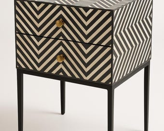 Chevron Bone Inlay Nightstand – Modern Black & White, Handcrafted Bedside Table, Brass Hardware