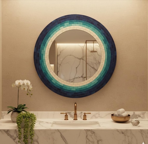 Coastal Round Bone Inlay Mirror | Navy Turquoise Gradient | Handcrafted Wall Art