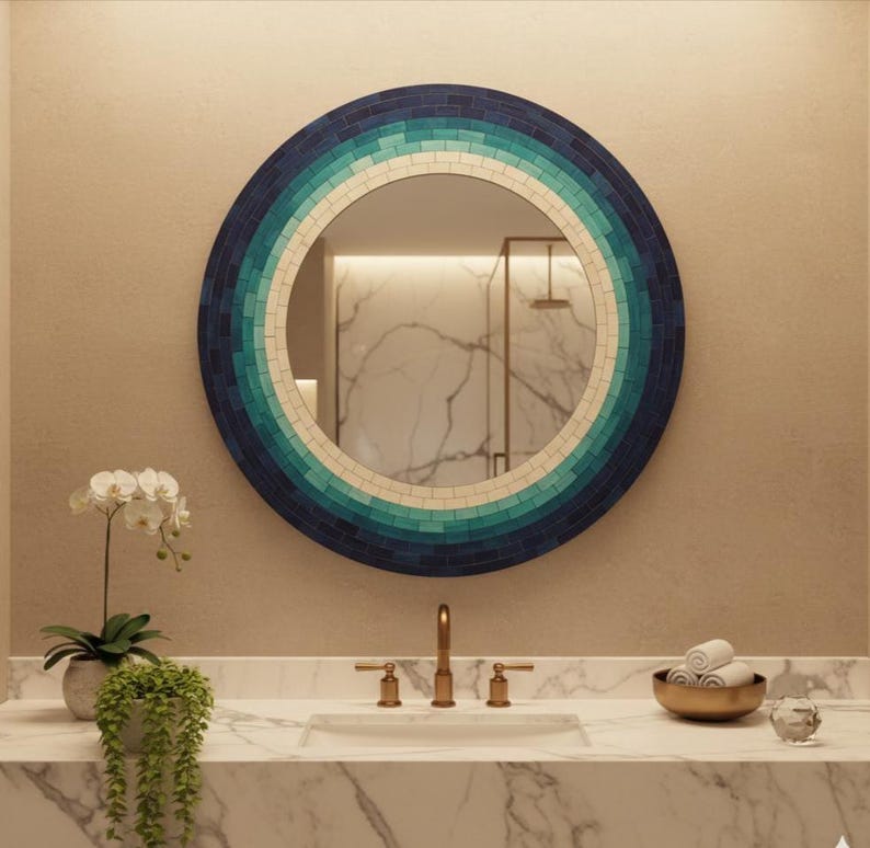 Coastal Round Bone Inlay Mirror | Navy Turquoise Gradient | Handcrafted Wall Art image 1