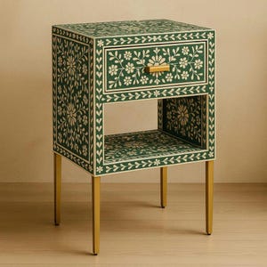 Green Floral Bone Inlay Table: Handcrafted Accent Table