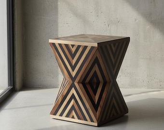 Handmade Horn Inlay Side Table: Geometric Diamond Accent Stool