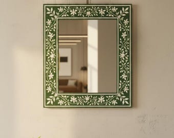 Dark Green Bone Inlay Mirror | Square Botanical Frame | Handcrafted Luxury Wall Décor