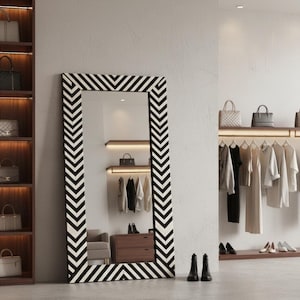 Knochen Inlay Standspiegel | Schwarz Weiß Chevron, volle Länge
