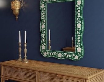 Emerald Green Bone Inlay Mirror | Floral Wavy Frame | Handcrafted Luxury Wall Art