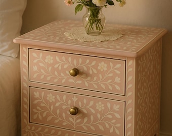 Pink Bone Inlay Nightstand | 2 Drawer Handmade Cabinet | Boho Home Furniture