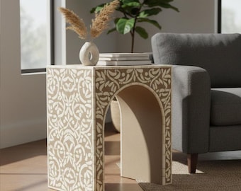 Bone Inlay Arch Console Table | Handmade Floral Accent | Luxury Boho Furniture