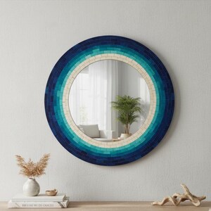 Coastal Round Bone Inlay Mirror | Navy Turquoise Gradient | Handcrafted Wall Art image 2