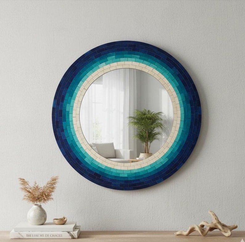 Coastal Round Bone Inlay Mirror | Navy Turquoise Gradient | Handcrafted Wall Art image 2