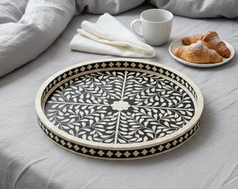 Handmade Bone Inlay Round Tray: Black & White Floral Decor