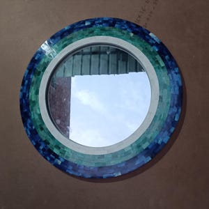 Coastal Round Bone Inlay Mirror | Navy Turquoise Gradient | Handcrafted Wall Art image 6