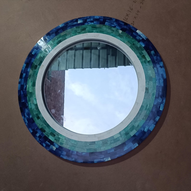 Coastal Round Bone Inlay Mirror | Navy Turquoise Gradient | Handcrafted Wall Art image 6
