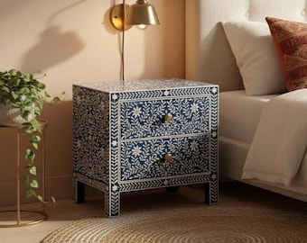 Blue Bone Inlay Nightstand | Handmade Decorative Cabinet with 2 Drawers | Boho Home Furniture