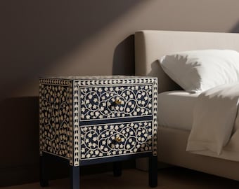 Bone Inlay Bedside Table with 2 Drawers | Handmade Floral Nightstand Side Table for Bedroom