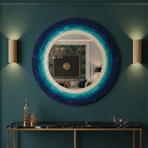 Coastal Round Bone Inlay Mirror | Navy Turquoise Gradient | Handcrafted Wall Art image 3