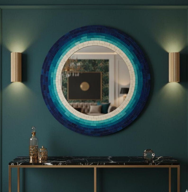 Coastal Round Bone Inlay Mirror | Navy Turquoise Gradient | Handcrafted Wall Art image 3