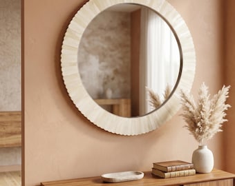 Handmade Bone Inlay Round Wall Mirror | Ivory Scalloped Frame | Boho Home Decor
