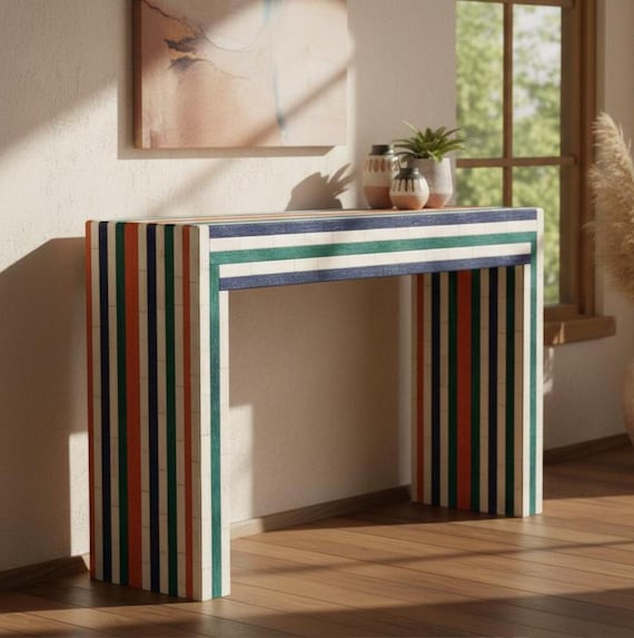 Modern Bone Inlay Entryway Table | Colorful Stripes | Handmade Console Table | Contemporary Luxury Accent Furniture