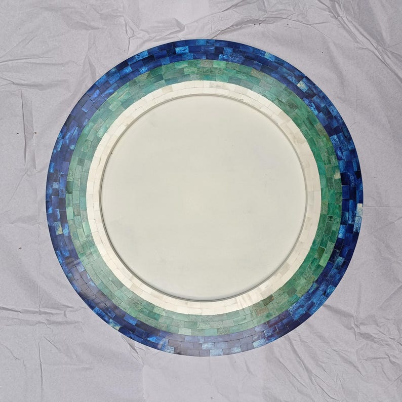 Coastal Round Bone Inlay Mirror | Navy Turquoise Gradient | Handcrafted Wall Art image 7