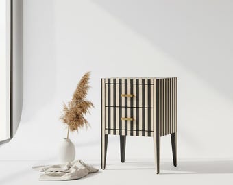 Floral Bone Inlay Bedside Table | Black Resin &  Accents