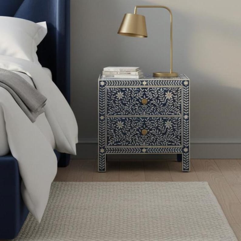 Blue Bone Inlay Nightstand | Handmade Decorative Cabinet With 2 Drawers ...