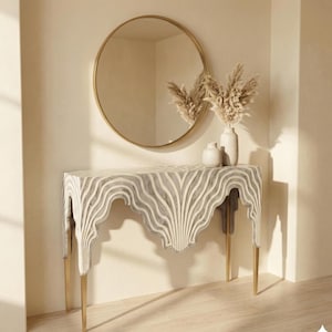Sculptural Bone Inlay Console – Modern Wavy Pattern, Golden Legs, Handcrafted Entry Table