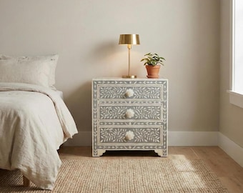 Gray Bone Inlay Nightstand | 3 Drawer Handmade Cabinet | Boho Home Furniture