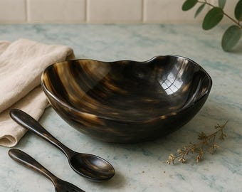 Handcrafted Horn Bowl Set: Rustic Dining Serveware with Spoon & Fork