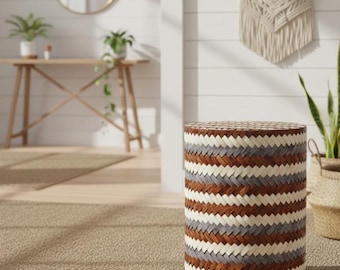 Handcrafted Bone Inlay Side Table | Boho Woven Accent Stool