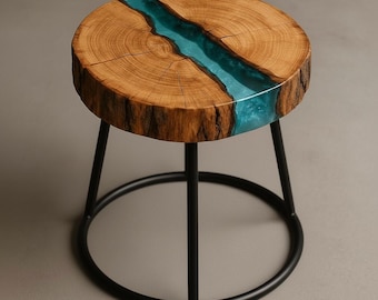 Handmade Live Edge Wood Stool: Blue Resin River Accent, Modern Side Table
