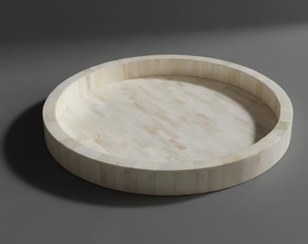 Luxury Round Bone Inlay Tray | White Mosaic Pattern Decorative Tray| Unique Artisan Gift|