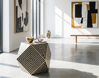 Geometric Bone Inlay Cube Table – Black & Natural, Modern Accent Piece, Handcrafted Statement