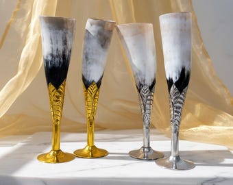 Handcrafted Horn Champagne Flutes with Brass Leaf Base