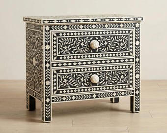 Floral Bone Inlay Dresser – Black & White, 2 Drawer Chest, Handcrafted Boho Storage Cabinet