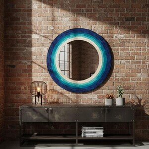 Coastal Round Bone Inlay Mirror | Navy Turquoise Gradient | Handcrafted Wall Art image 4