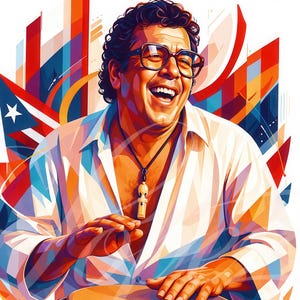 May include: A colourful graphic illustration of Ray Barretto playing a conga drum. The subject wears glasses and a white shirt with a pendant. The background features geometric shapes in red, blue, and white, including a Puerto Rican flag motif.
