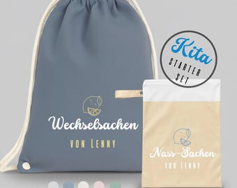 Personalized Kindergarten Starter Set | Change of Clothes Bag and Wet Bag with Name | Change of Clothes & Wet Clothes Bag | Gift for Starting Kindergarten