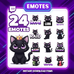 Cute Black Cat, Twitch Emotes, Discord Emotes, Kawaii Cat Emoji Pack for Gaming, Static Kitten Emotes for Streamers