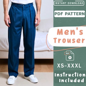 Men Trousers Pattern, Casual Wide Leg Pants Sewing Pattern, Vintage Men’s Pants with Four Pockets, Sizes XS-XXXL, PDF Instant Download