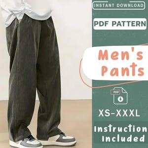Men Pants Sewing Pattern, Loose Fit Straight-Leg Casual Trousers with Four Pockets, Men Trousers Pattern Summer, and Fall, Vintage Pants