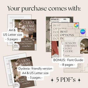 K&ouml;nnte beinhalten: Das Bild zeigt ein digitales Produktpaket. Es enth&auml;lt Kundenaufnahmeformulare, einen Schriftarten-Leitfaden und weitere Ressourcen f&uuml;r Coaches f&uuml;r exekutive Funktionen. Die Dokumente sind in A4- und US-Letter-Gr&ouml;&szlig;e verf&uuml;gbar.