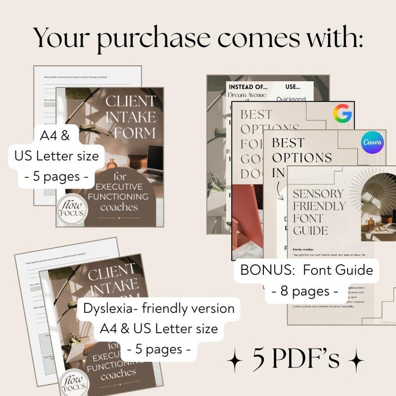 K&ouml;nnte beinhalten: Das Bild zeigt ein digitales Produktpaket. Es enth&auml;lt Kundenaufnahmeformulare, einen Schriftarten-Leitfaden und weitere Ressourcen f&uuml;r Coaches f&uuml;r exekutive Funktionen. Die Dokumente sind in A4- und US-Letter-Gr&ouml;&szlig;e verf&uuml;gbar.