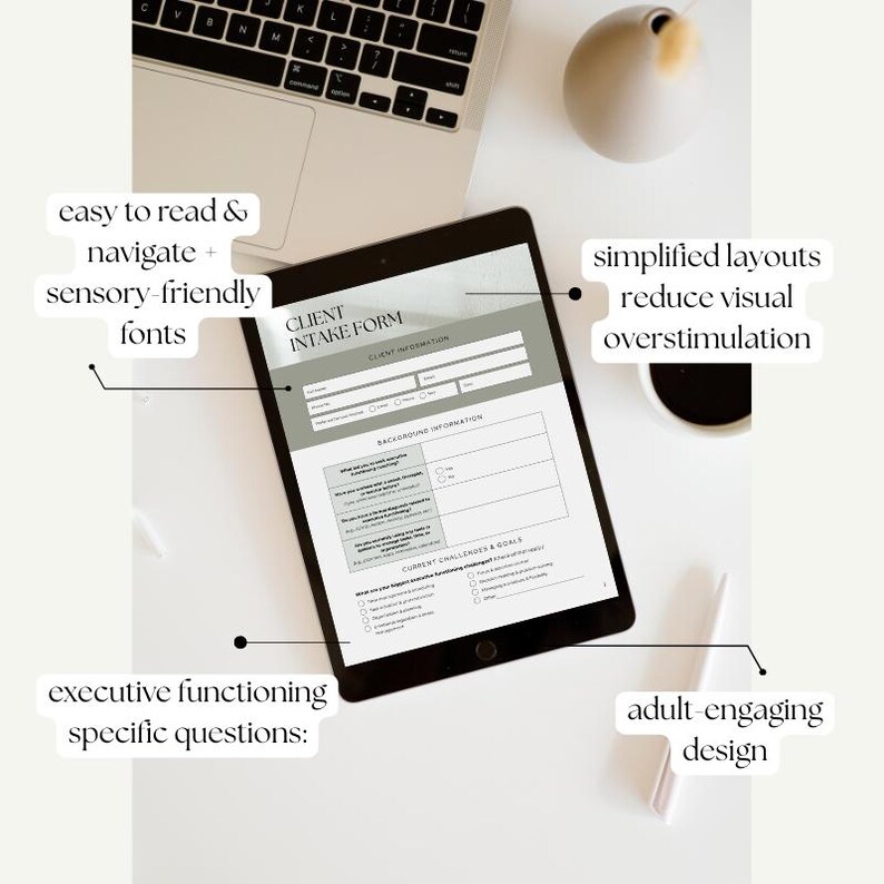 K&ouml;nnte beinhalten: Ein Tablet-Computer mit einem "Client Intake Form" mit Abschnitten f&uuml;r Kundeninformationen und Hintergrunddetails. Das Formular verwendet "leicht lesbare und navigierbare" Schriftarten und "vereinfachte Layouts". Das Design wird als "adult engaging" beschrieben.