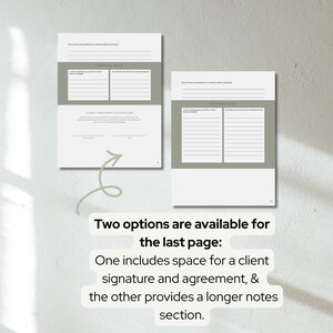 K&ouml;nnte beinhalten: Zwei offene wei&szlig;e Seiten mit Text und einem gr&uuml;nen Pfeil. Der Text lautet "KUNDENVEREINBARUNG & UNTERSCHRIFT" und "ZUS&Auml;TZLICHE HINWEISE". Der Text "Zwei Optionen stehen f&uuml;r die letzte Seite zur Verf&uuml;gung" ist ebenfalls sichtbar.