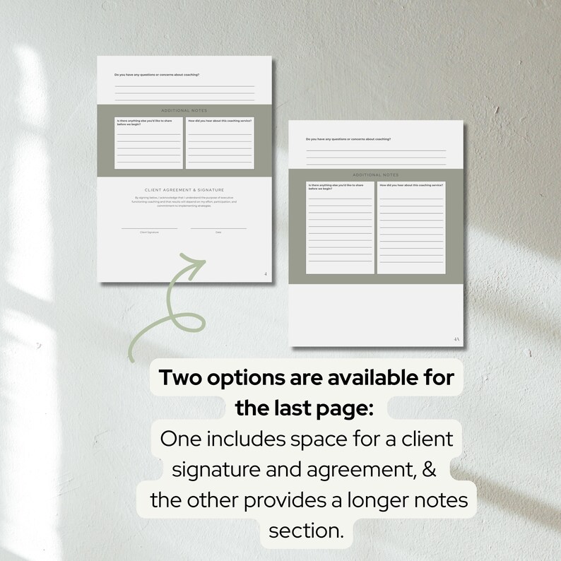 K&ouml;nnte beinhalten: Zwei offene wei&szlig;e Seiten mit Text und einem gr&uuml;nen Pfeil. Der Text lautet "KUNDENVEREINBARUNG & UNTERSCHRIFT" und "ZUS&Auml;TZLICHE HINWEISE". Der Text "Zwei Optionen stehen f&uuml;r die letzte Seite zur Verf&uuml;gung" ist ebenfalls sichtbar.