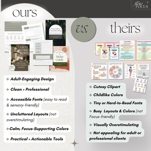 K&ouml;nnte beinhalten: Eine Vergleichsgrafik mit den W&ouml;rtern "ours" und "theirs". "Ours" zeigt professionell aussehende Dokumente, w&auml;hrend "theirs" kindliche Illustrationen verwendet. Das Bild hebt Designunterschiede f&uuml;r Ressourcen zur exekutiven Funktion hervor.